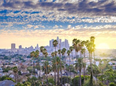 Panorama miasta o zachodzie słońca z wysokimi palmami na pierwszym planie – symbol harmonii między ziemią a niebem, między głosem umysłu i szeptem duszy.